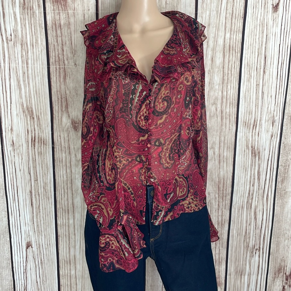 Georgiou Studio Burgundy Paisley Sheer Button Down Blouse w/Ruffle Detail